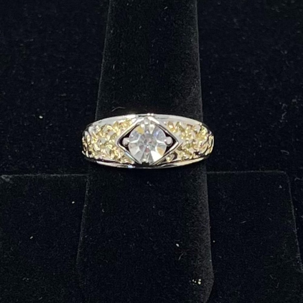 Beautiful Large Clear Center Stone Silver Ring with Gold Coloring Size 8.5